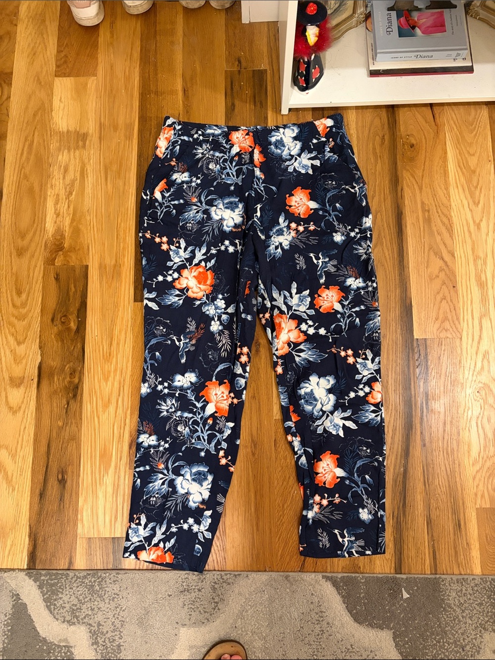 Navy Floral Pants with Orange & Cream Blooms